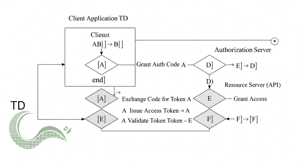 Flowchart illustrating the steps of client authentication and authorization code exchange with a resource server and authorization server, including decision nodes and process arrows.