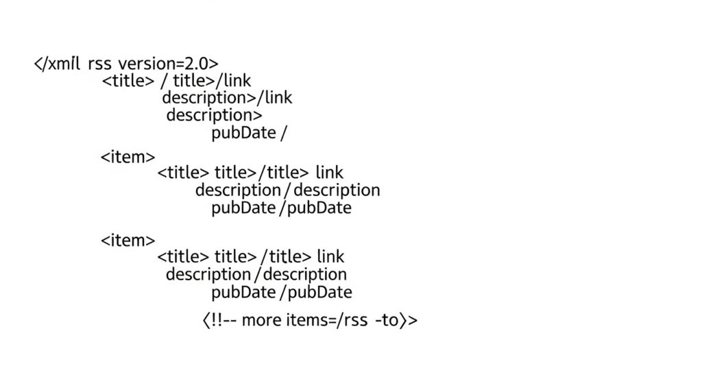 Screenshot of an example RSS XML file structure, showing tags for title, link, description, pubDate, and multiple item entries.