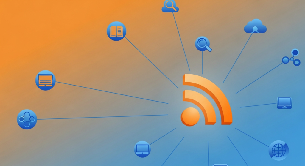 An orange RSS feed icon in the center connects to various blue digital and cloud-related icons on a blue and orange gradient background.