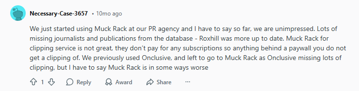 A user comments on a forum, expressing dissatisfaction with Muck Rack's PR service, citing missing journalists and poor clipping service compared to Roxhill and Onclusive.