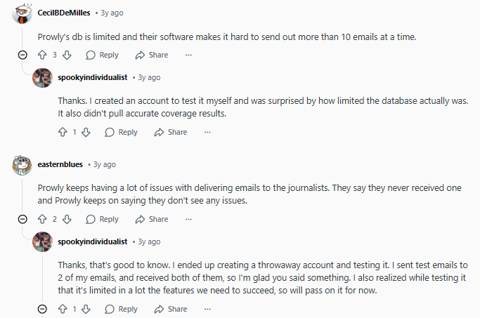 Screenshot of a Reddit thread where users discuss issues with Prowly, including email sending limits, limited database, poor coverage, and problems with journalists receiving emails.