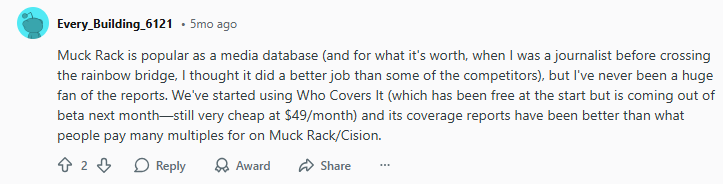 A user comments on a forum, discussing the pros and cons of Muck Rack as a media database and comparing it to Who Covers It and other competitors.