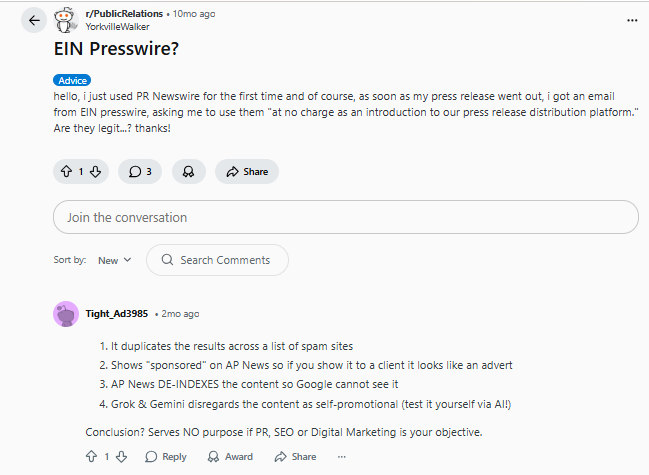 A Reddit post asks about the legitimacy of EIN Presswire, with a reply listing drawbacks like spam, no SEO value, and warnings against using it for PR or SEO.