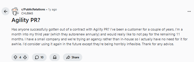 A Reddit post asks for advice on getting out of an Agility PR contract, mentioning automatic renewal and a desire to avoid paying for the remaining 11 months.