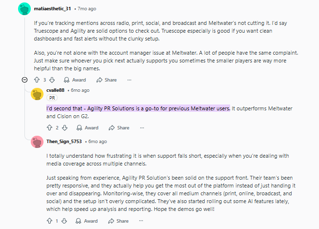 Screenshot of a forum discussion about PR software, with users recommending Agility PR Solutions over Meltwater and Cision, highlighting its ease of use and strong support.