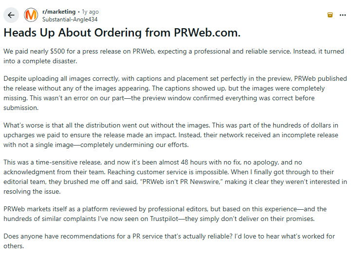 A Reddit post titled "Heads Up About Ordering from PRWeb.com" explains a negative experience with PRWeb’s press release service, highlighting issues with image distribution and lack of customer support.