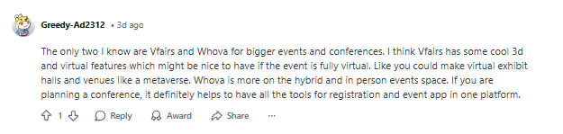 A user shares a vFairs review, mentioning both Vfair and Whova for larger events and conferences, and highlights the features Vfair offers for fully virtual events.