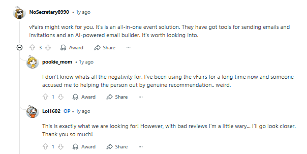 A LinkedIn comment thread where users discuss the vFairs platform, sharing both positive and cautious opinions about its features and reviews.